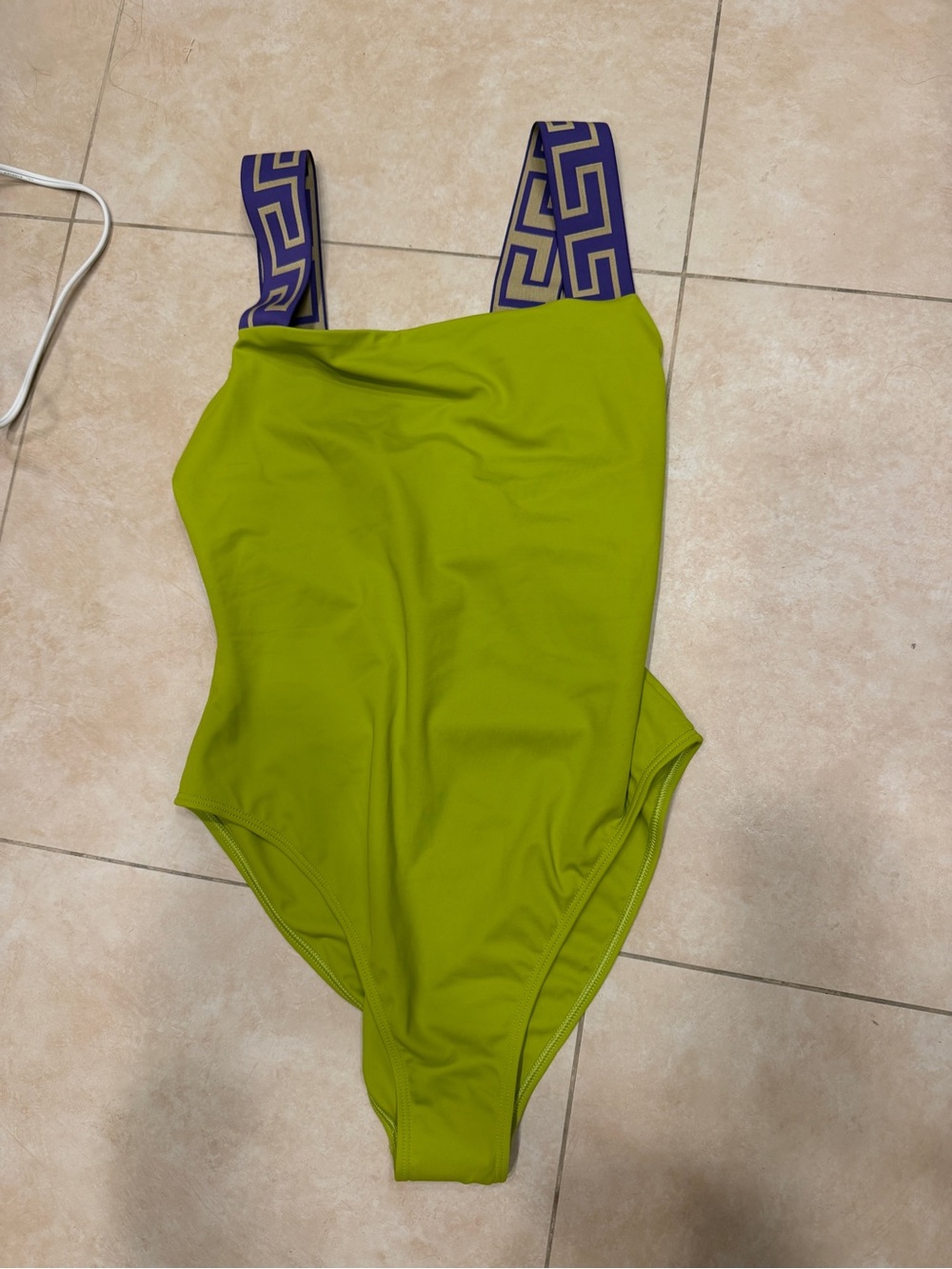 New Versace Green One-Piece Swimsuit with Purple Patterned Straps Sz 4
